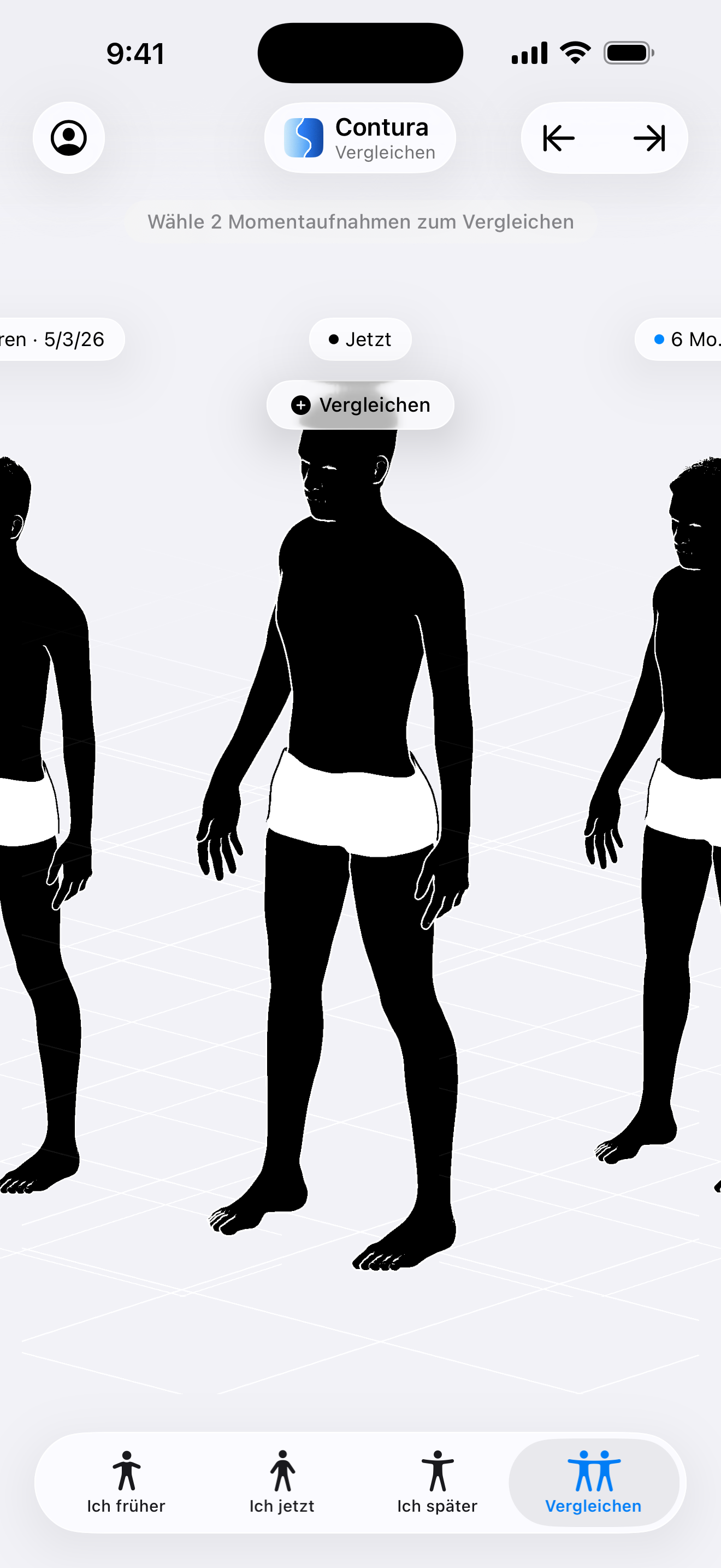 Chronologischer Körpervergleich in der Contura iOS-App mit drei männlichen 3D-Silhouettenmodellen nebeneinander auf einem Perspektivraster zum Vergleich von Körperformen über verschiedene Daten.